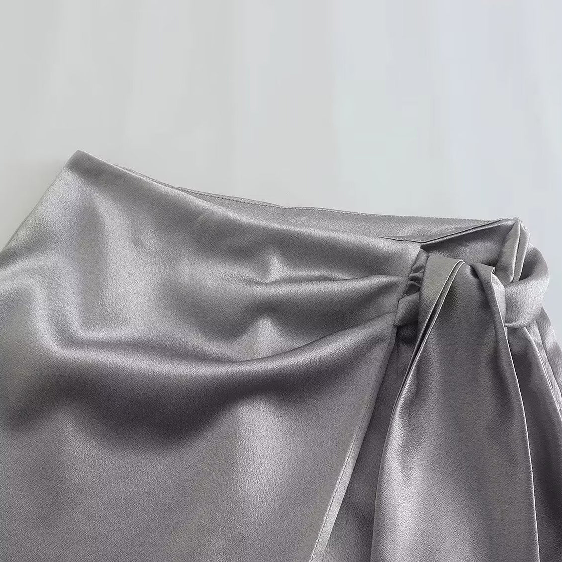 Draped Silver Satin Mini Skirt
