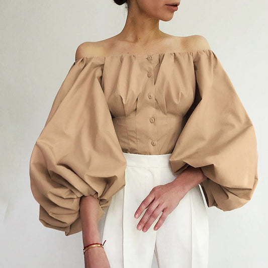 Off Shoulder Puff  Long  Lantern Sleeve Shirt