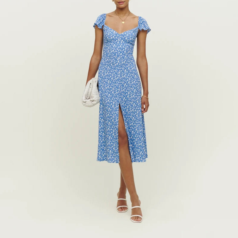 Printed Sweetheart Midi Dress with Slit