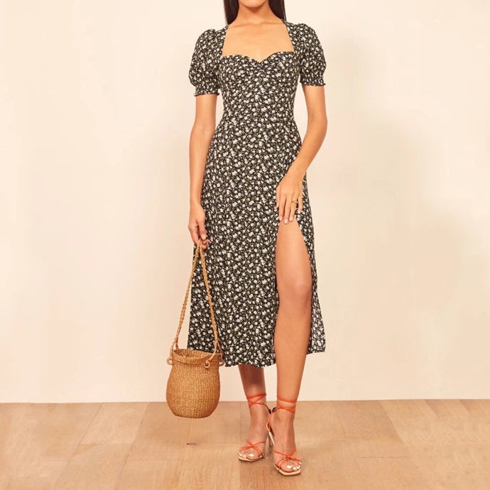 Puff Sleeve Midi Dress with Thigh Slit