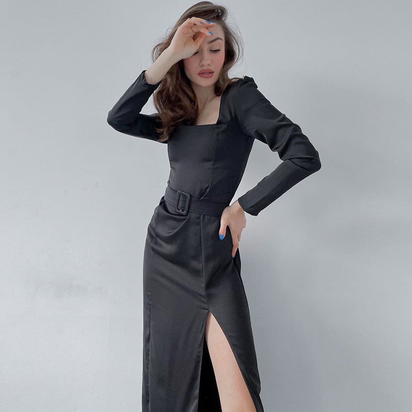 Square Collar Long Sleeve Lacing Slit Maxi Dress