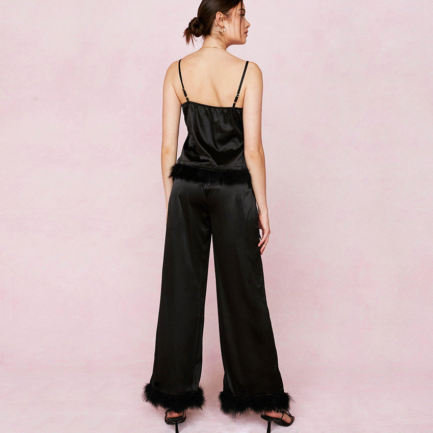 Solid Suspenders Casual Thin Feather Ladies Pajamas Set