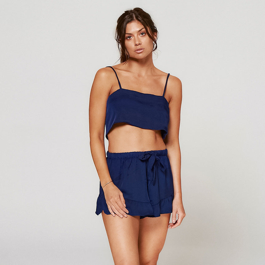 Belt Laciness Shorts Sexy Imitate Silk Woman's Pajamas