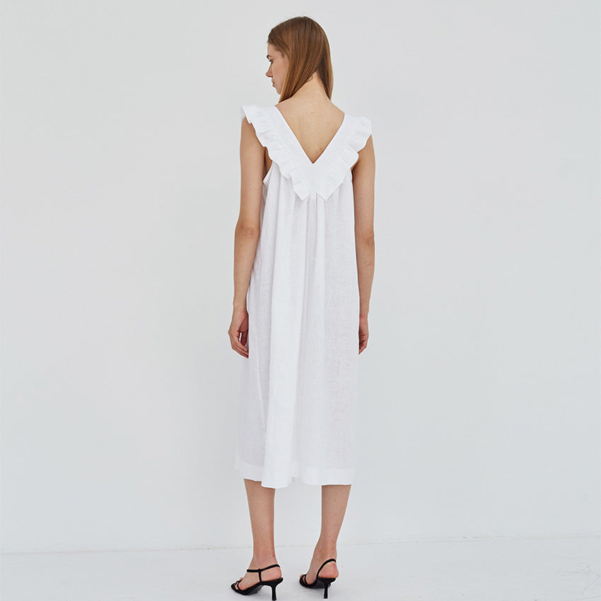 Contracted Natural Sleeveless Splice Cotton Linen Nightwear