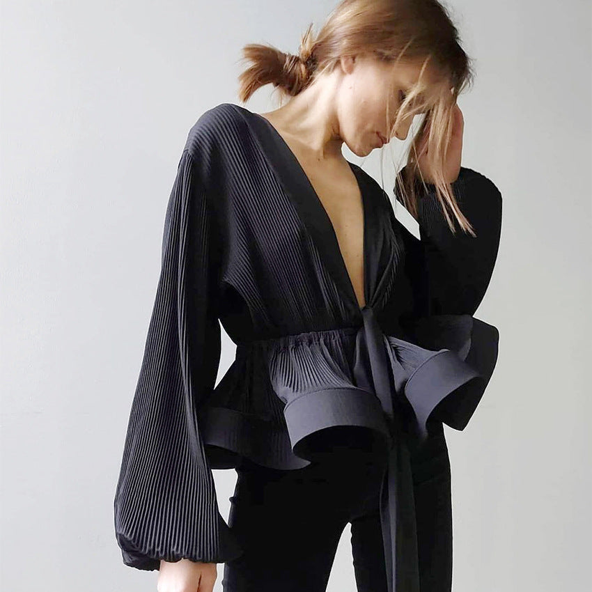 Summer Deep V-neck Ruched Sexy Pleated Women's Blouse