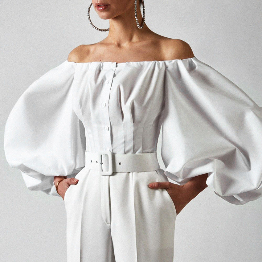 Off Shoulder Puff  Long  Lantern Sleeve Shirt