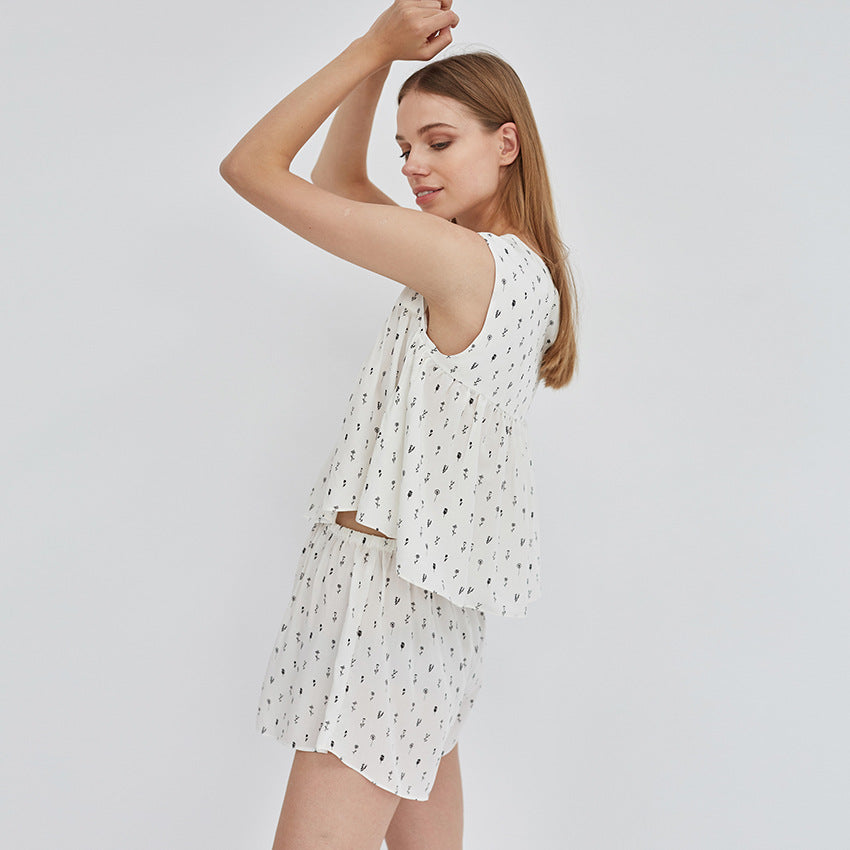 Floral Print Fresh Sweet Tank Shorts Loose Pajamas Set
