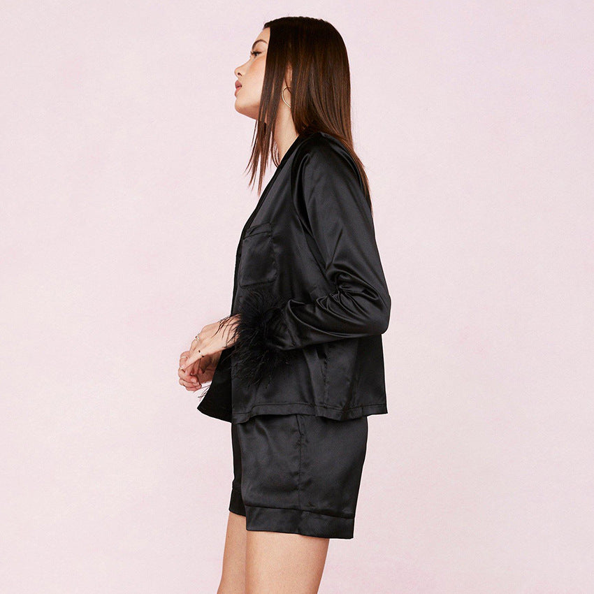 Ice Silk Comfortable Feather Cuffs Lapel Pajamas For Ladies