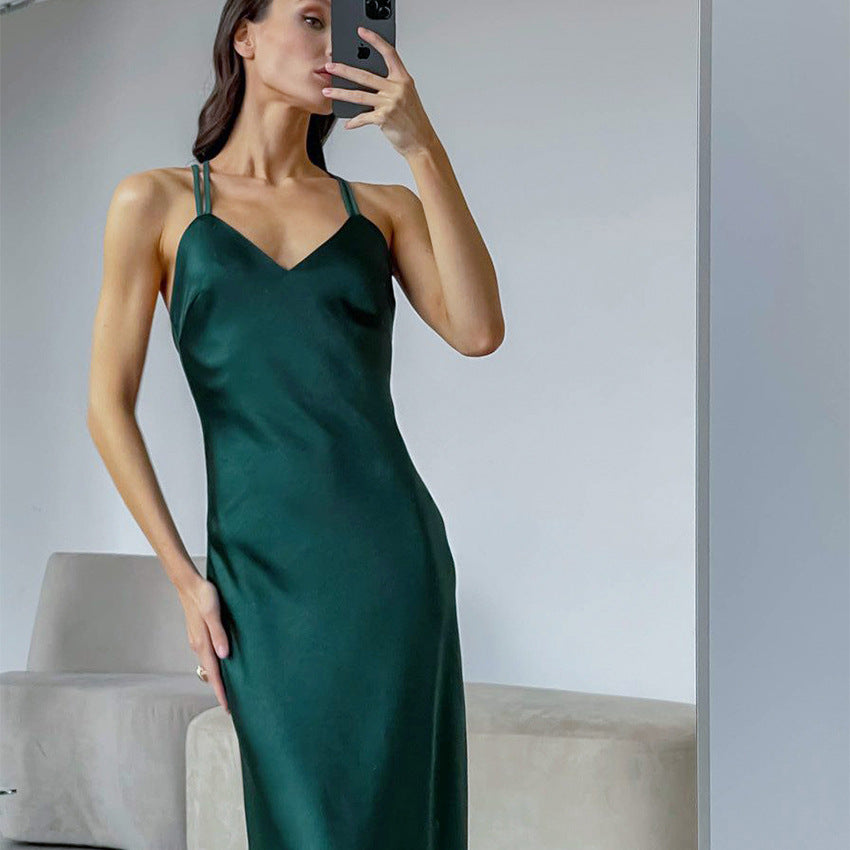 Satin V-neck Sexy Fashion Backless Dress