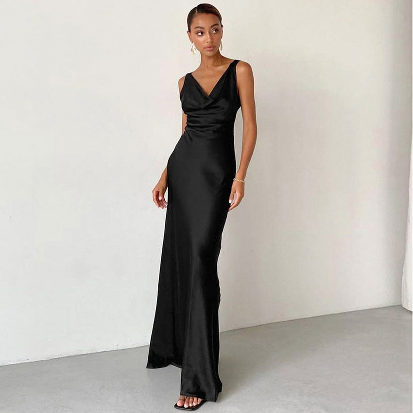 Ice Silk Imitation Silk V-neck Black Dress