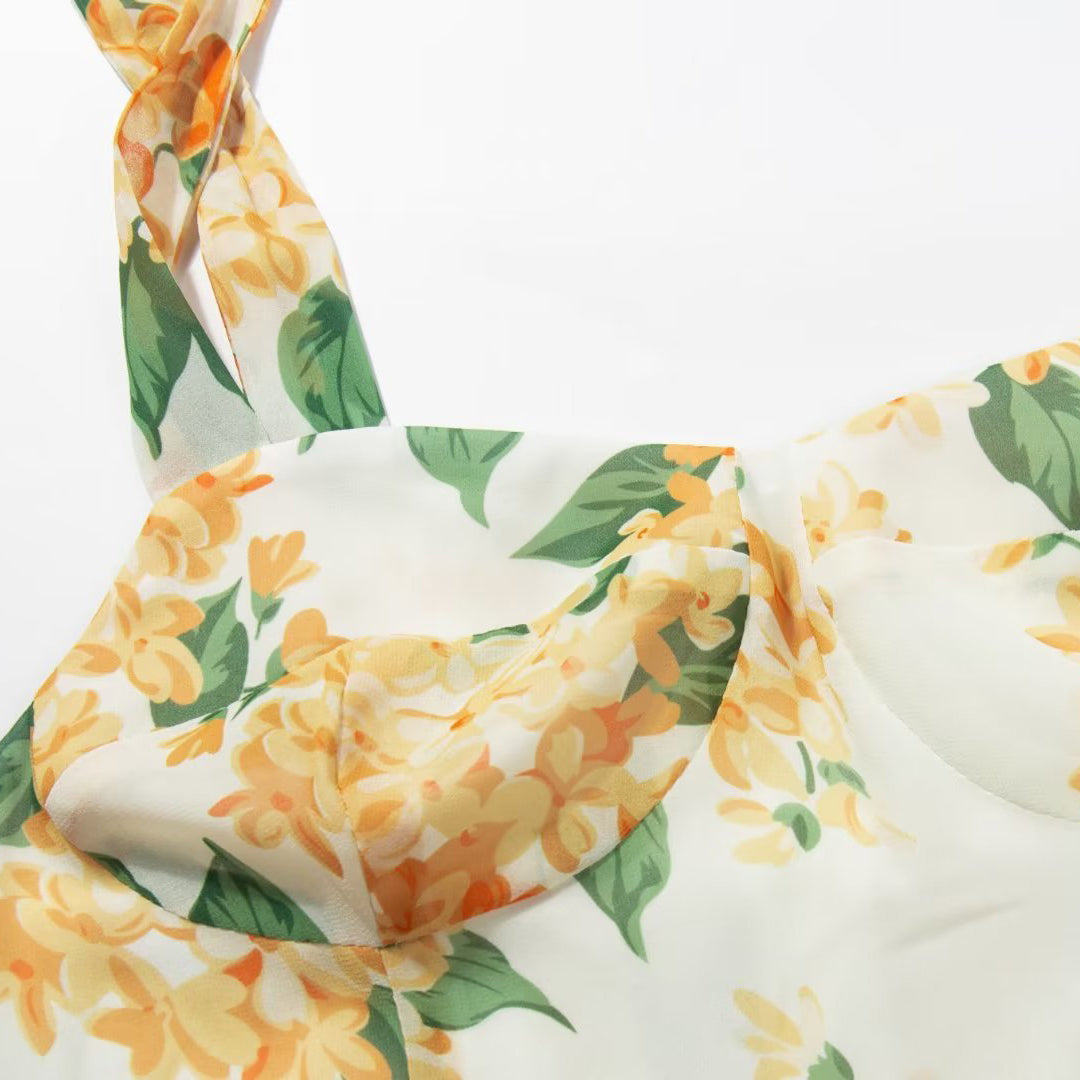 Tie Shoulder Printed Midi Dress