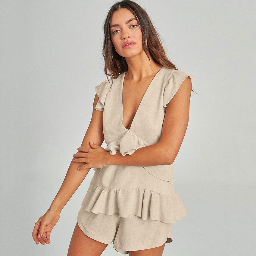 Beige V-neck Top Shorts Thin Style Cotton Linen Women's Pajamas