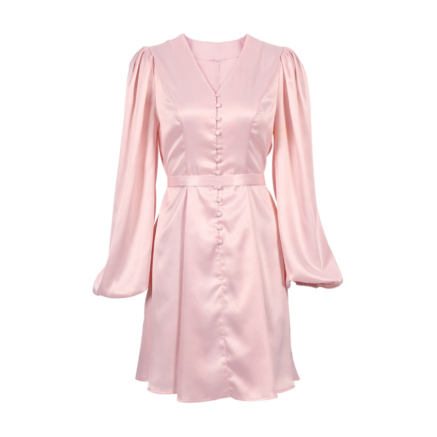 Satin V-neck Lantern Sleeve Dress