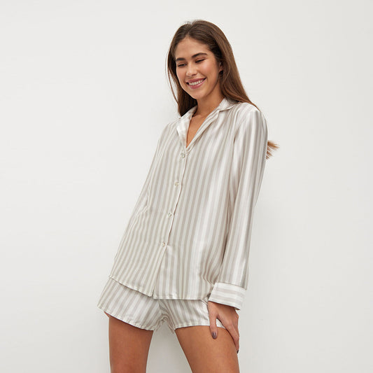 Silk Comfortable Striped Print Lapel Satin Pajamas Luxury