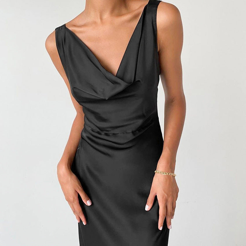 Ice Silk Imitation Silk V-neck Black Dress