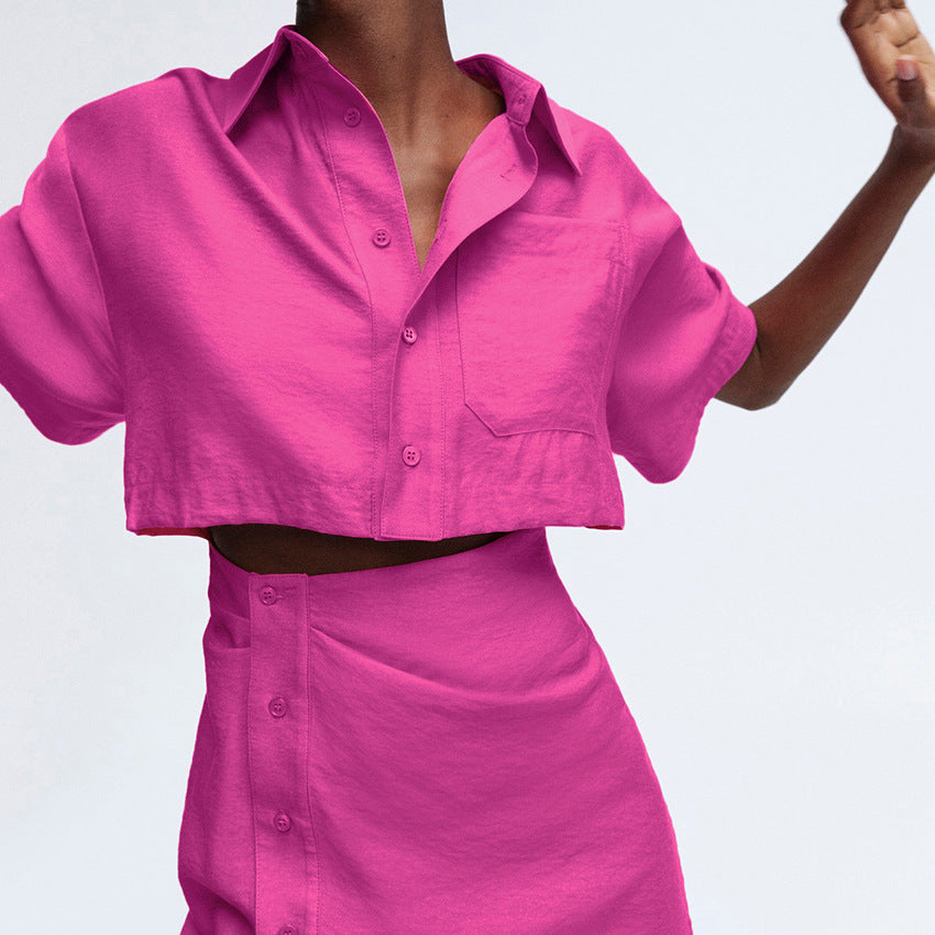Pink Hollowed-out Midi Shirt Dress