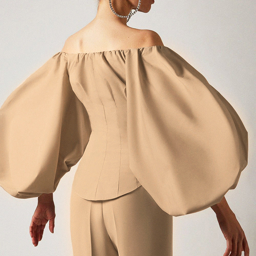 Off Shoulder Puff  Long  Lantern Sleeve Shirt