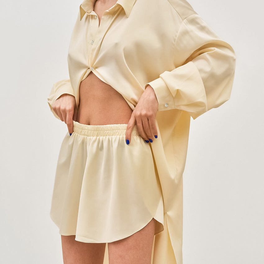 Ice Silk Thin Casual Shirt Shorts Pajama Set