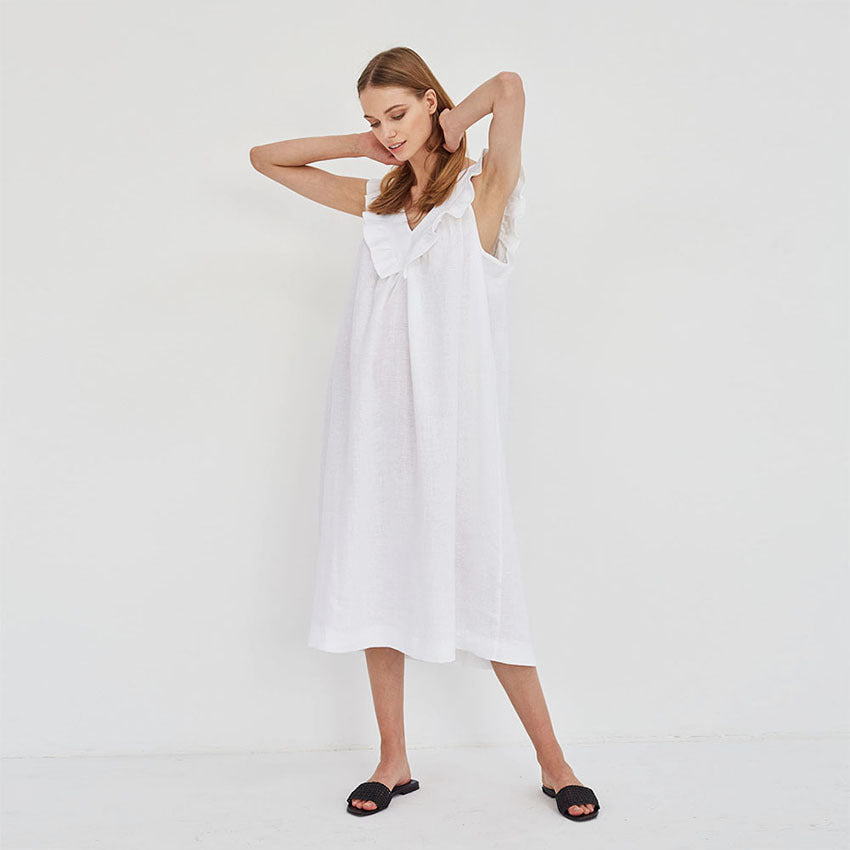 Contracted Natural Sleeveless Splice Cotton Linen Nightwear