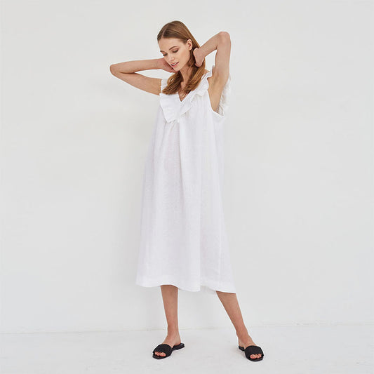 Contracted Natural Sleeveless Splice Cotton Linen Nightwear