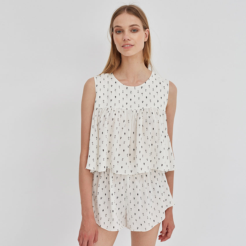 Floral Print Fresh Sweet Tank Shorts Loose Pajamas Set