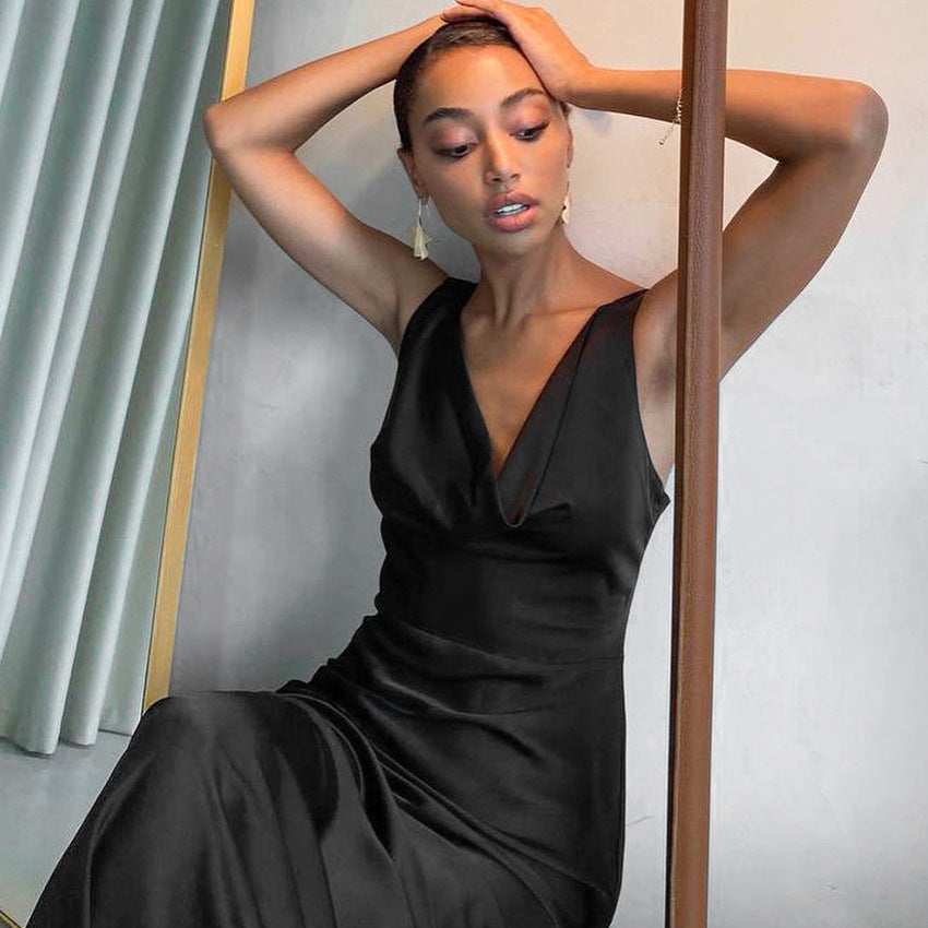 Ice Silk Imitation Silk V-neck Black Dress