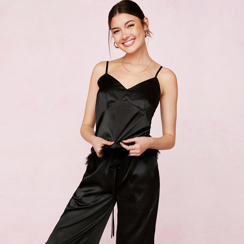 Solid Suspenders Casual Thin Feather Ladies Pajamas Set