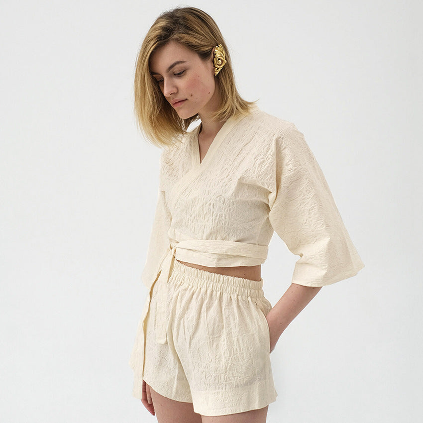 Woven Drape Hollowed-out 2 Pieces Polyester Women Pajamas Set