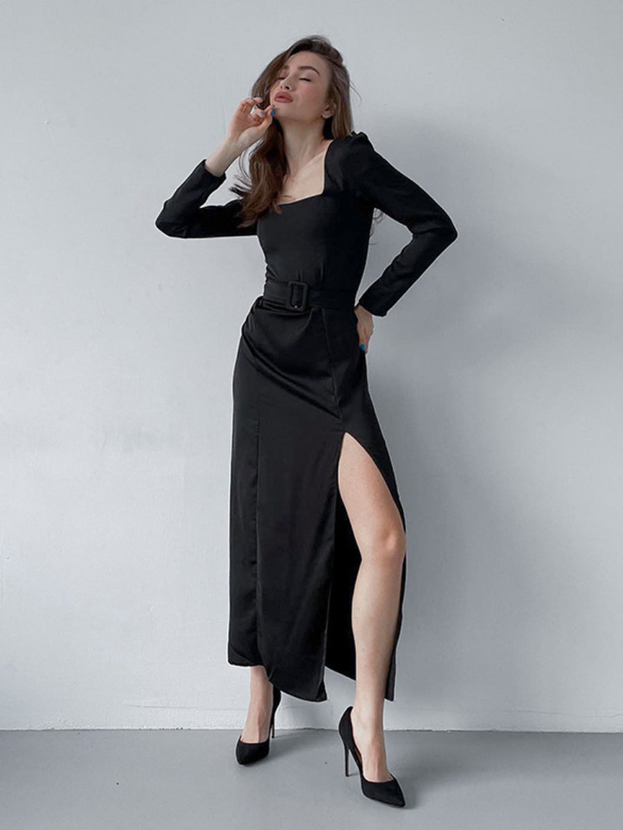 Square Collar Long Sleeve Lacing Slit Maxi Dress