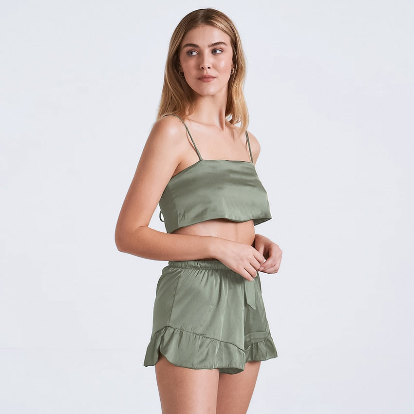Belt Laciness Shorts Sexy Imitate Silk Woman's Pajamas