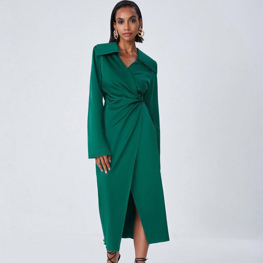 Tailored Collar Tight Split Green Maxi Dress