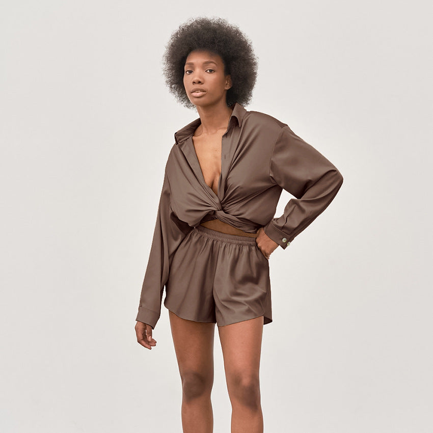 Ice Silk Thin Casual Shirt Shorts Pajama Set