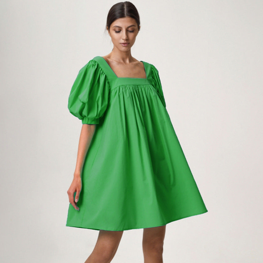 Square Collar Bubble Sleeve Commuter Dress