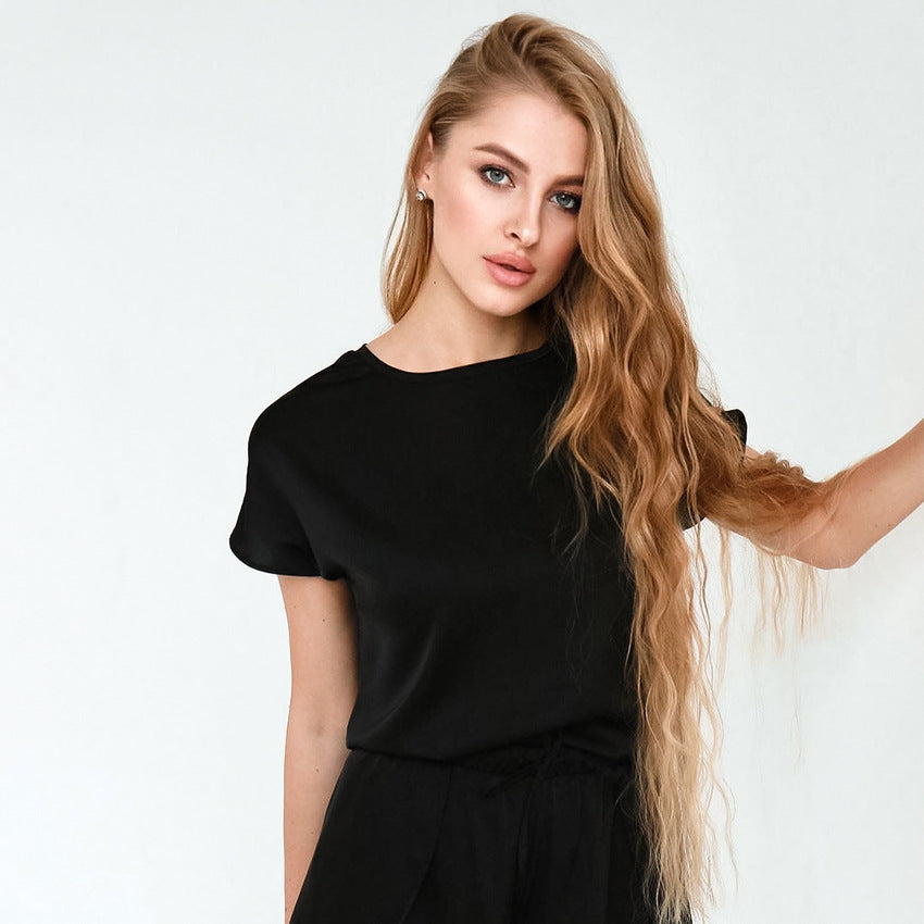 Silk Satin Round Neck Irregular Hem Short Sleeved Shorts Pajamas Set