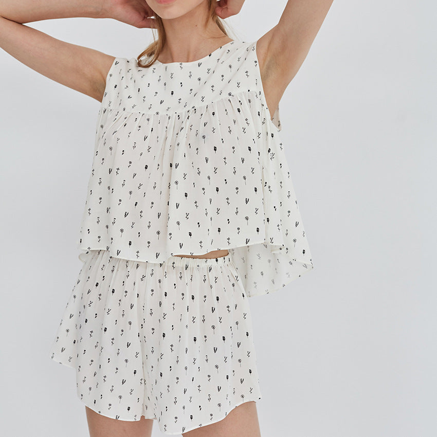 Floral Print Fresh Sweet Tank Shorts Loose Pajamas Set