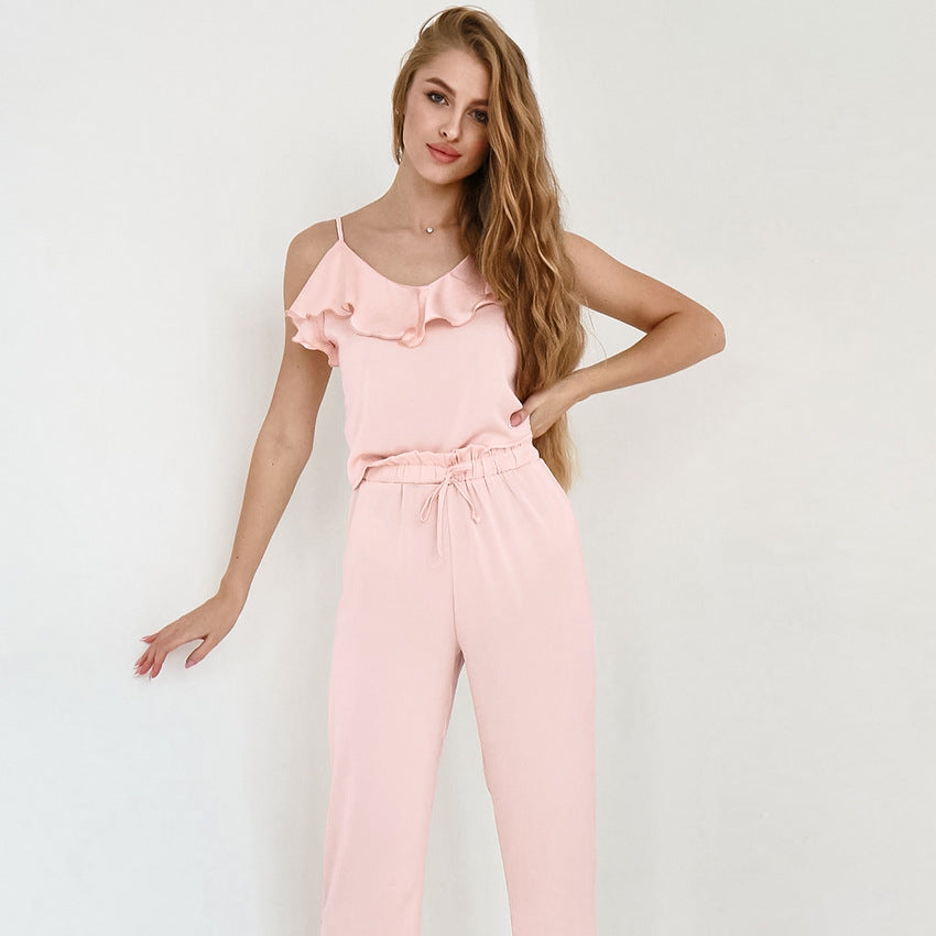 Sling Peplum Corrugated Edge Comfortable Pajamas Set