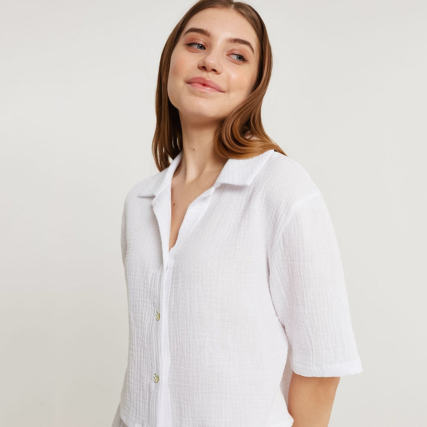 Natural Double Crepe Cotton Five-sleeved Pajamas